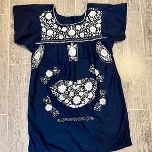 Mexican-style Embroidered Dress, S, Navy and white